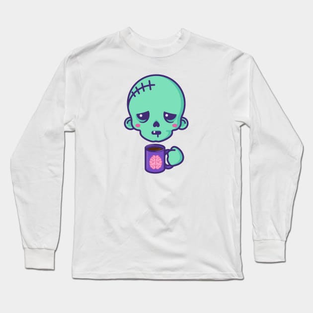 Tired kawaii zombie with brains coffee cup Long Sleeve T-Shirt by Sugar & Bones